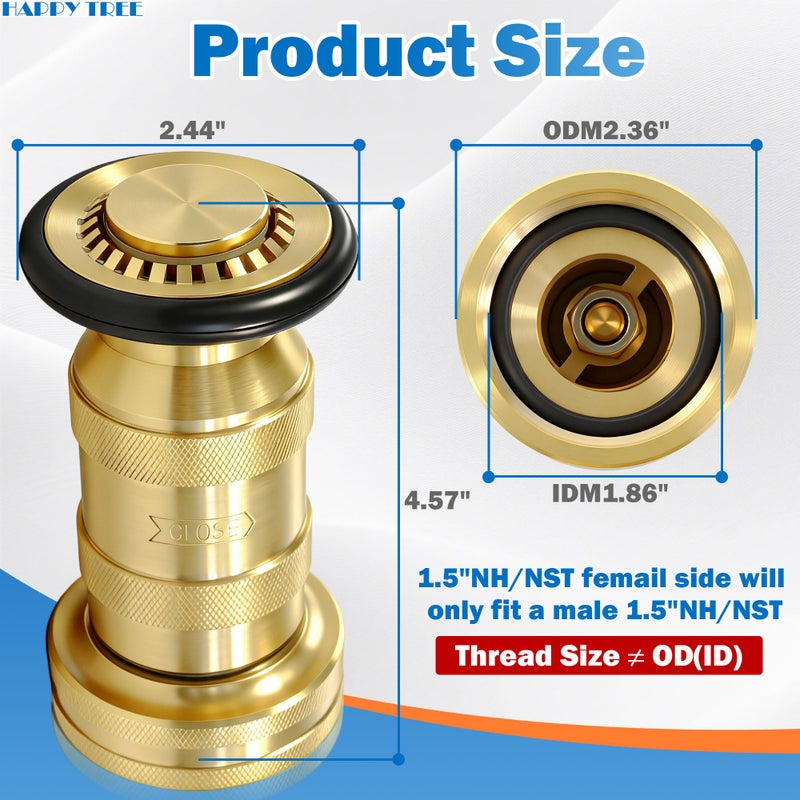 Happy Tree 1-1/2" NST/NH Fire Hose Nozzle 100 psi 85 gpm Brass Fire Equipment Heavy Duty Industrial Jet Fog Spray Nozzle Slim Neck - Image 2